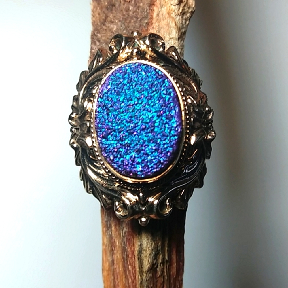 Nicky Butler ornate bronze purple blue druzy ring size 6